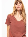T-shirt Col V Femme - Rose Uni Colore