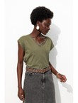 T-shirt Détail Dentelle Femme - Kaki Uni Fonce
