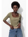 T-shirt Col Carré Femme - Kaki Uni Fonce
