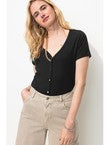 T-shirt Côtelé Col V Femme - Noir Uni Fonce