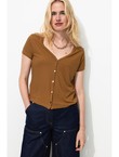T-shirt Côtelé Col V Femme - Grège Uni Fonce
