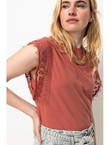 T-shirt Détail Dentelle Femme - Marron Uni Clair