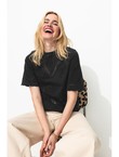 T-shirt Brodé Perlé Femme - Noir Uni Fonce