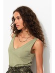 Débardeur Col V en Coton Femme - Kaki Uni Clair
