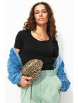 T-shirt Côtelé Col Cœur Femme - Noir Uni Fonce