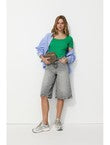 T-shirt Côtelé Col Cœur Femme - Vert Uni Colore