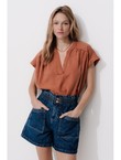 Blouse Manches Courtes Lyocell - Marron Uni Fonce