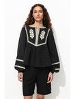 Blouse Folk Brodée Femme - Noir Uni Fonce