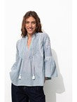 Blouse Rayée Brodée Femme - Bleu Uni Colore