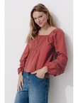 Blouse à Manches Ballon Femme - Rouge Uni Colore