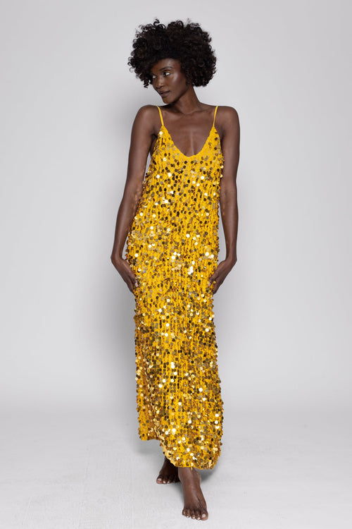 Gwendoline Crochet Big Sequins Maxi Dress - Yellow