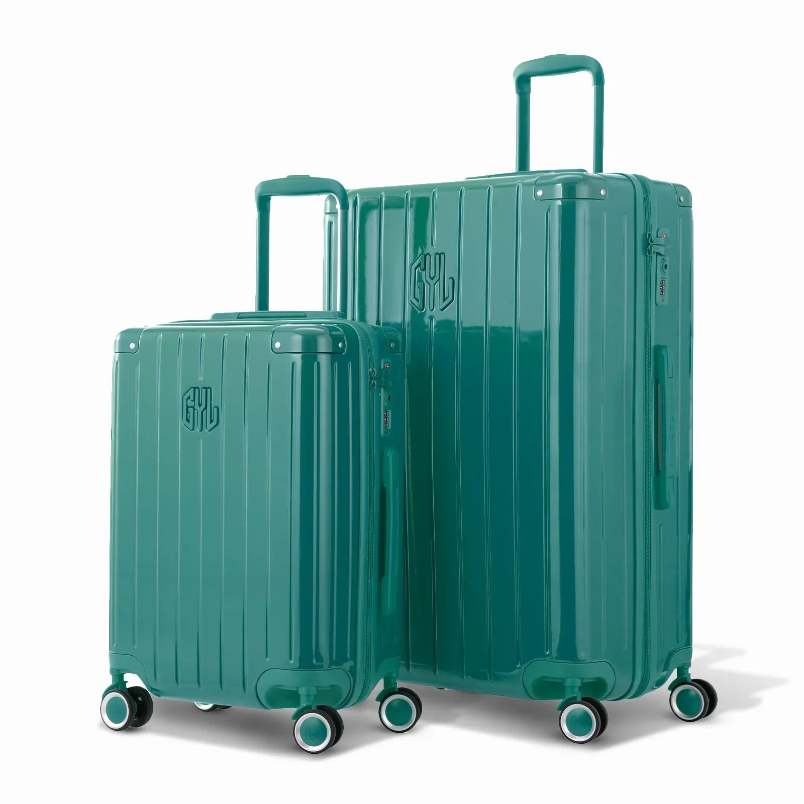 Duo of GYL Intemporelle water green rigid suitcases with ribbed shells and telescopic handles. #color_green