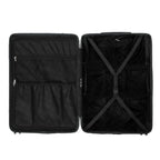 Compartmented interior of the dark gray GYL Intemporelle suitcase with crossed straps and mesh pockets. #color_dark gray