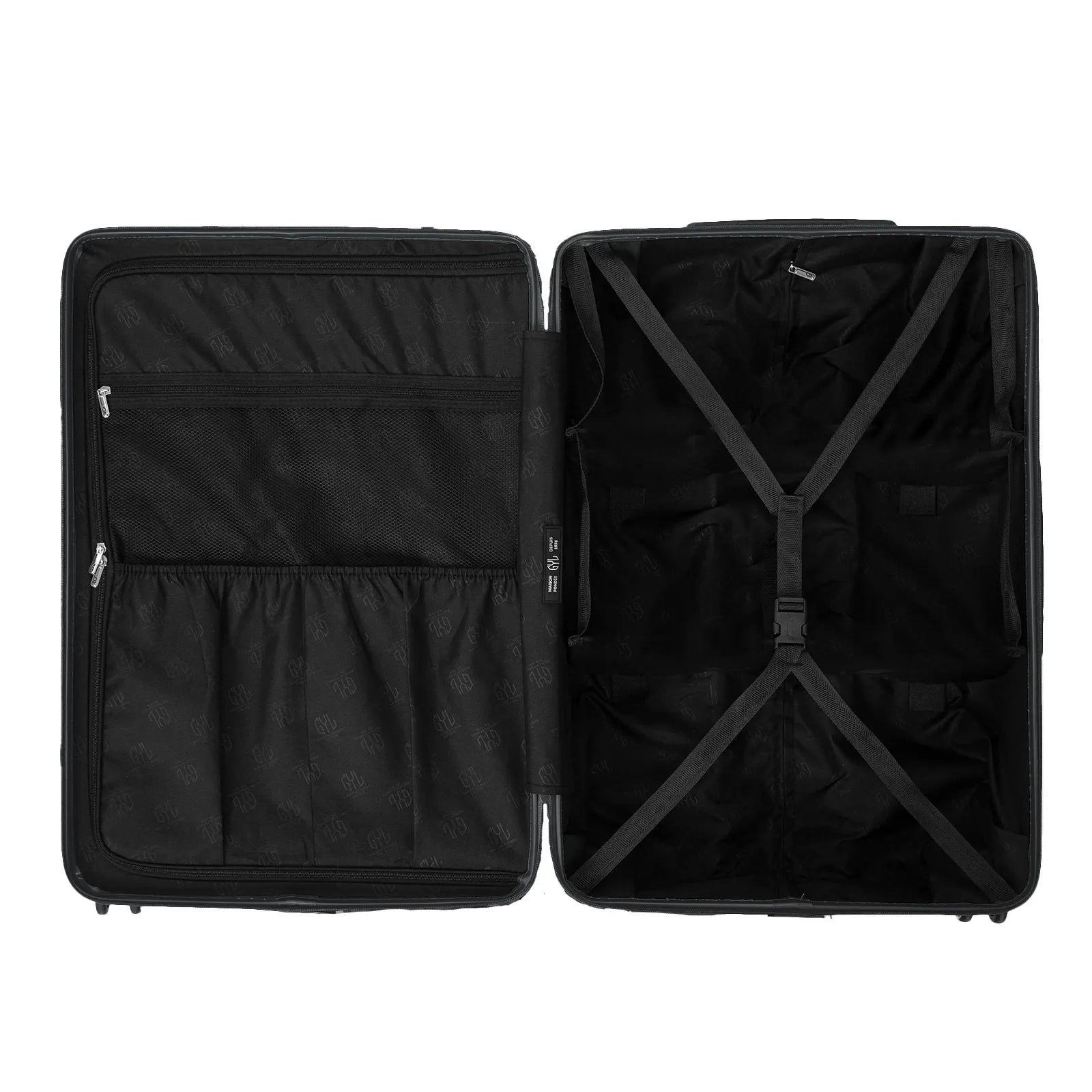 Compartmented interior of the dark gray GYL Intemporelle suitcase with crossed straps and mesh pockets. #color_dark gray