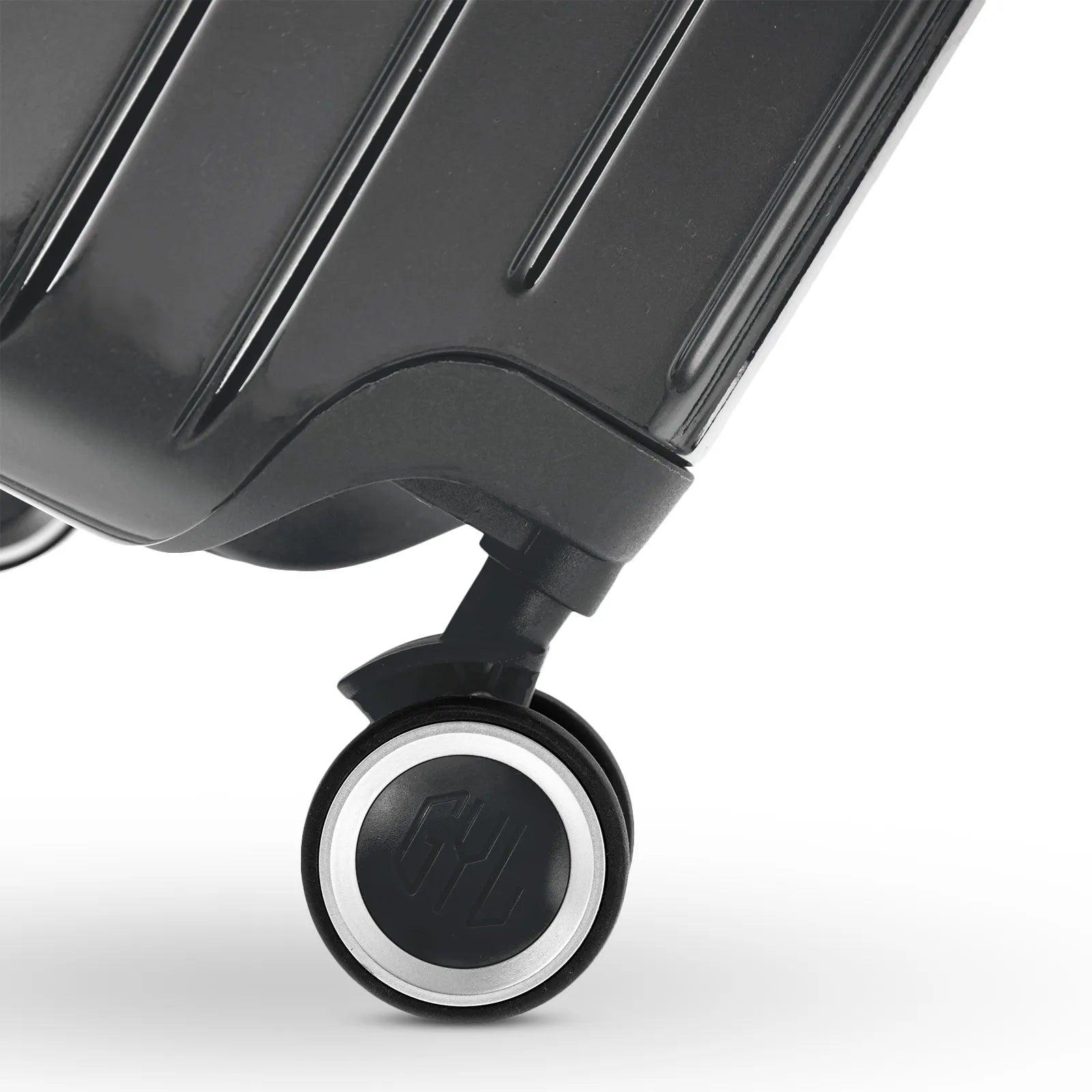 360° double wheel of the dark gray GYL Intemporelle suitcase with engraving of the GYL logo on the hub. #color_dark gray