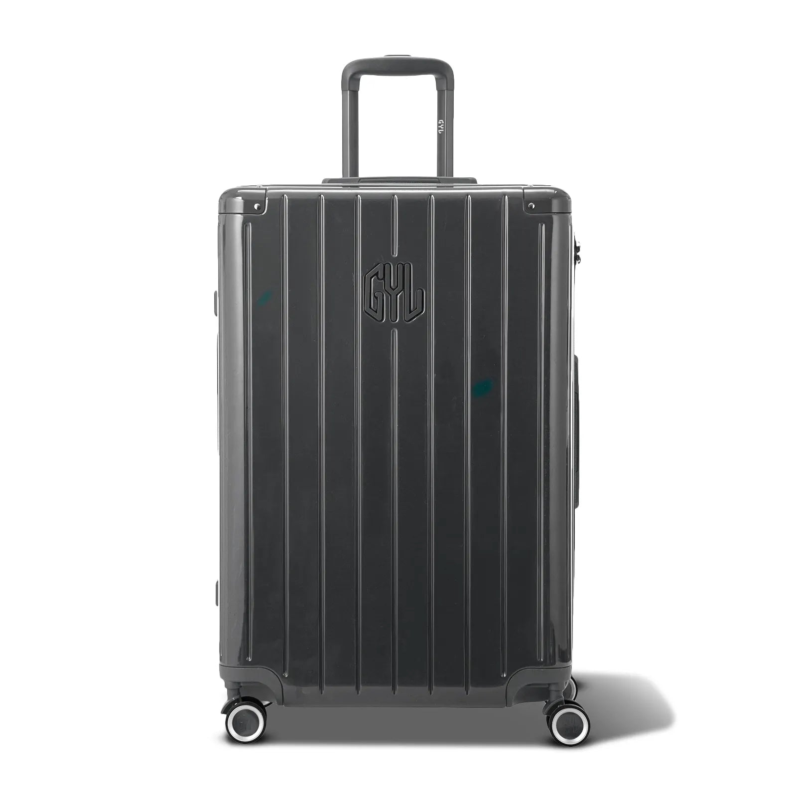 Front view of the dark gray GYL Intemporelle hard suitcase, embossed logo and 360 degree wheels. #color_dark gray