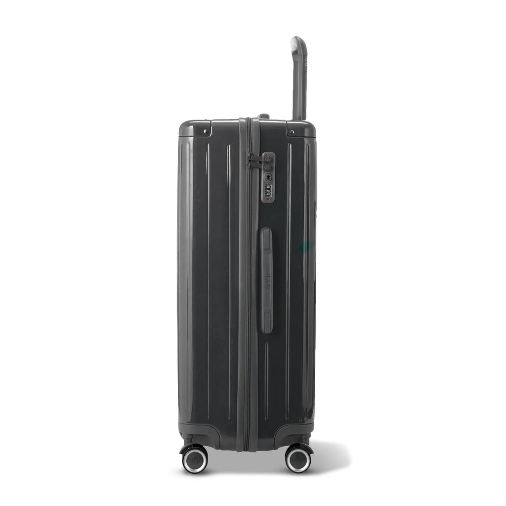 Side view of the dark gray GYL Intemporelle hard suitcase with telescopic handle and TSA closure. #color_dark gray