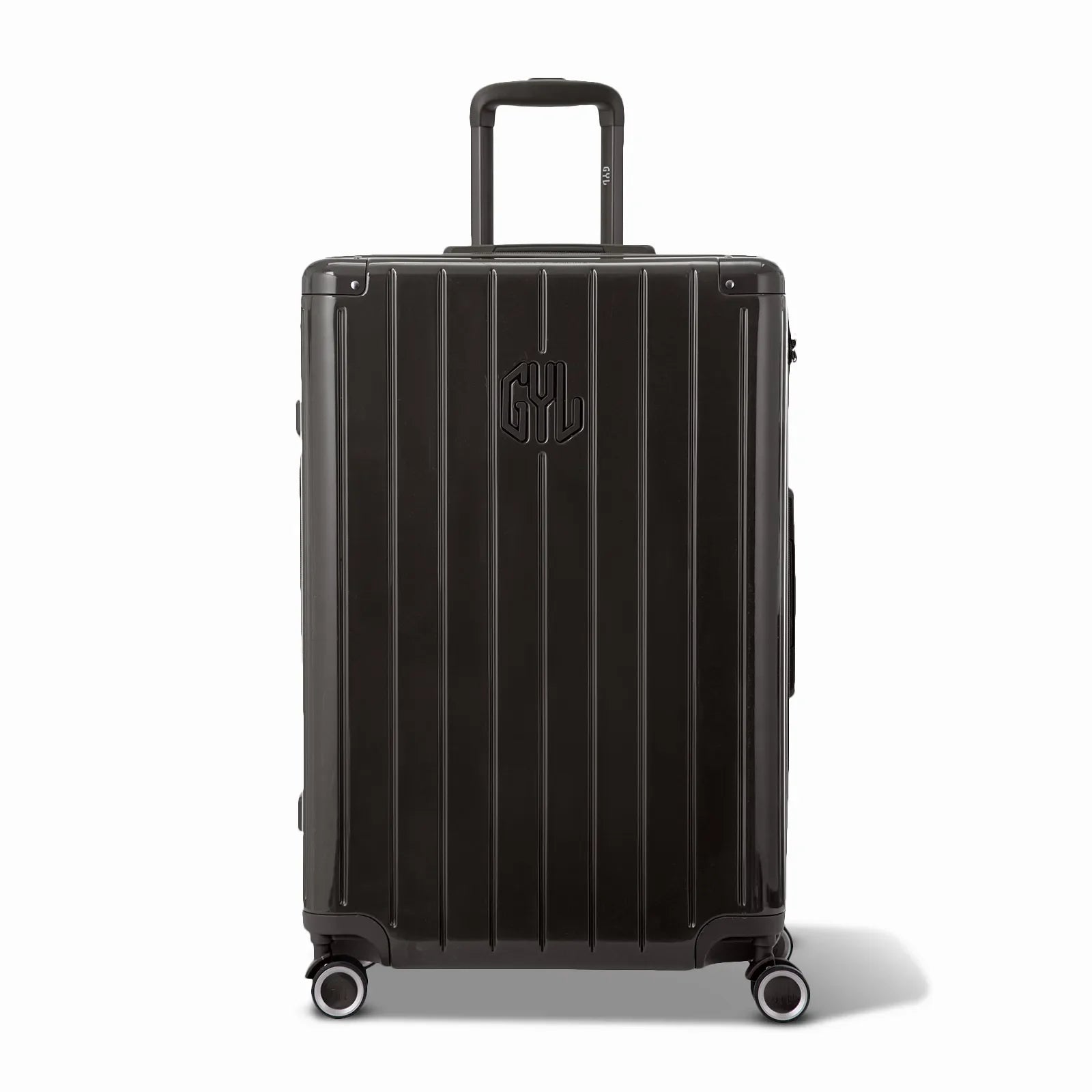 Front view of the GYL Intemporelle black rigid suitcase, embossed logo and 360 degree wheels. #black_color