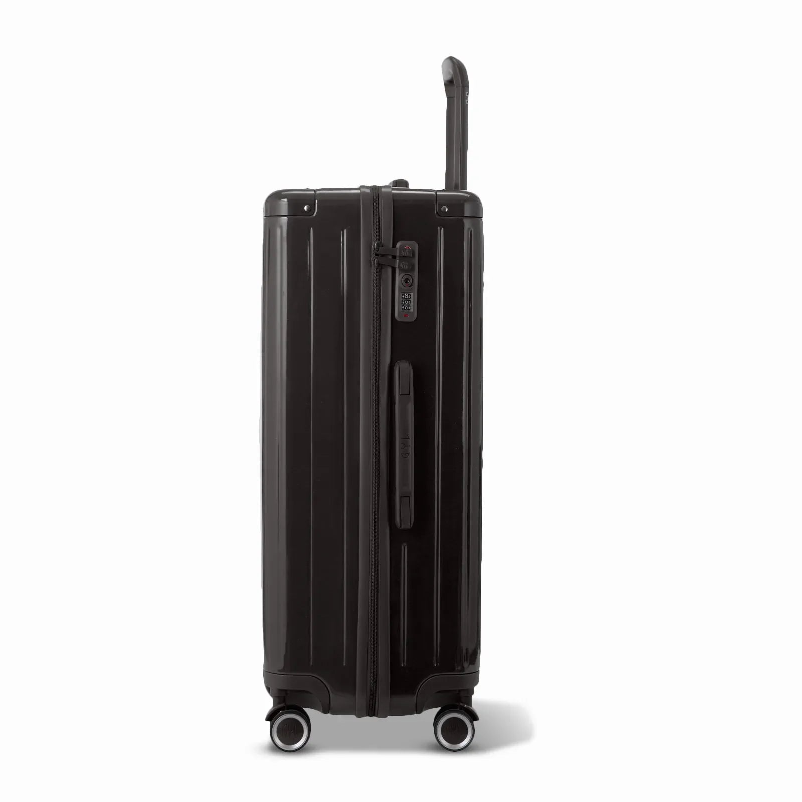 Side view of the black GYL Intemporelle hard suitcase with telescopic handle and TSA closure. #black_color