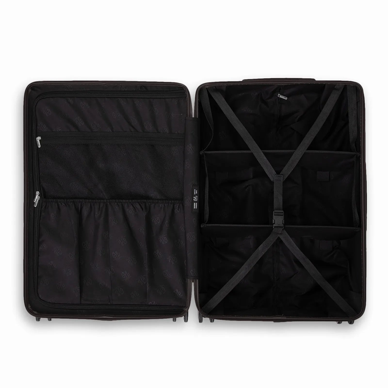 Compartmented interior of the black GYL Intemporelle suitcase with crossed straps and mesh pockets. #black_color