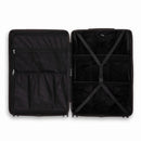 Compartmented interior of the black GYL Intemporelle suitcase with crossed straps and mesh pockets. #black_color
