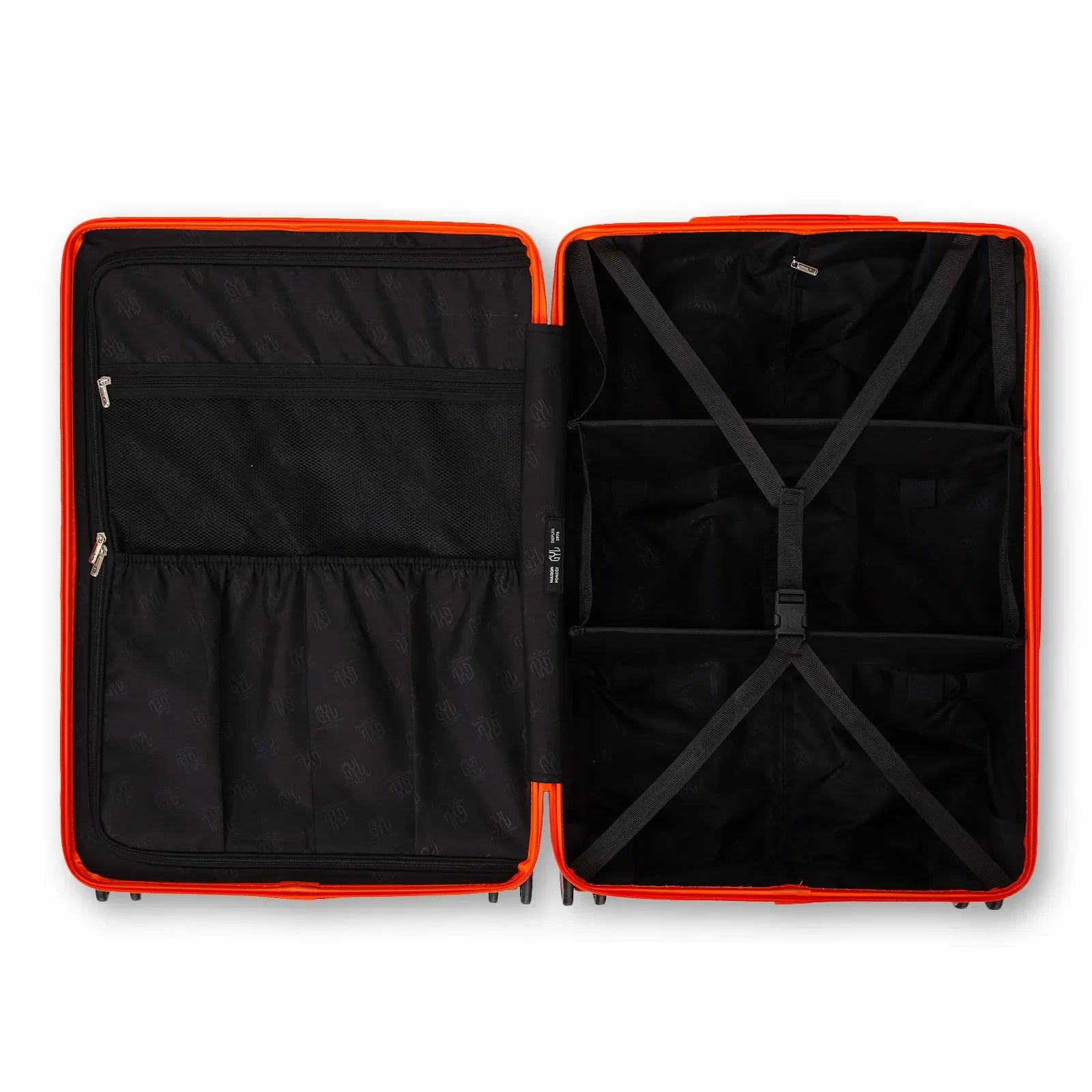 Compartmented interior of the GYL Intemporelle orange suitcase with crossed straps and mesh pockets. #dark_orange_color