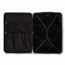 Compartmented interior of the GYL Intemporelle navy suitcase with crossed straps and mesh pockets. #navy_color
