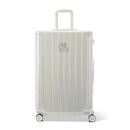 Front view of the GYL Intemporelle sand hard suitcase, embossed logo and 360 degree wheels. #sand_color