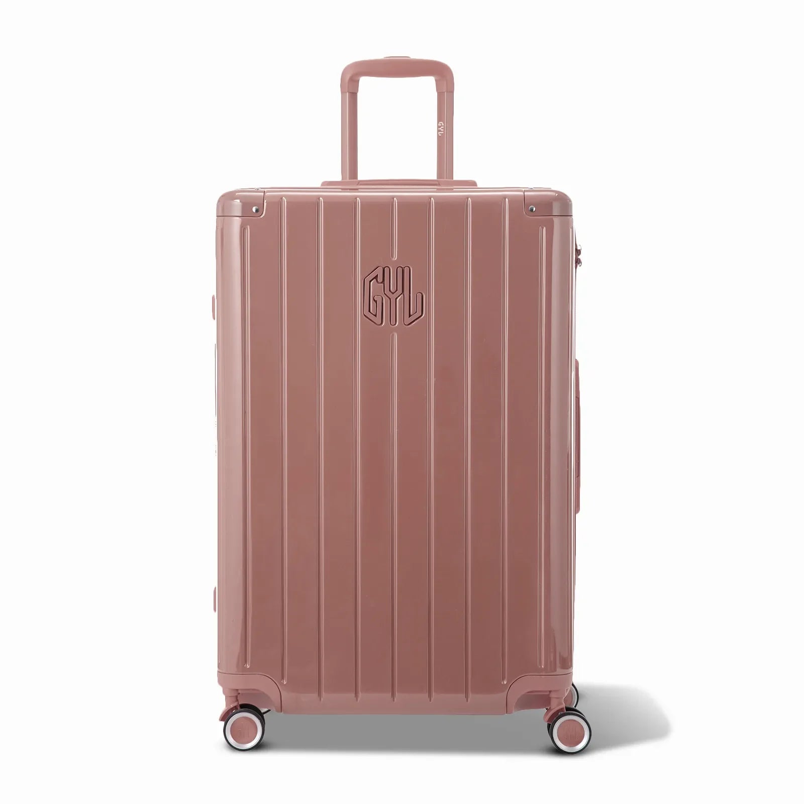 Front view of the GYL Intemporelle rose gold rigid suitcase, embossed logo and 360 degree wheels. #color_rose gold