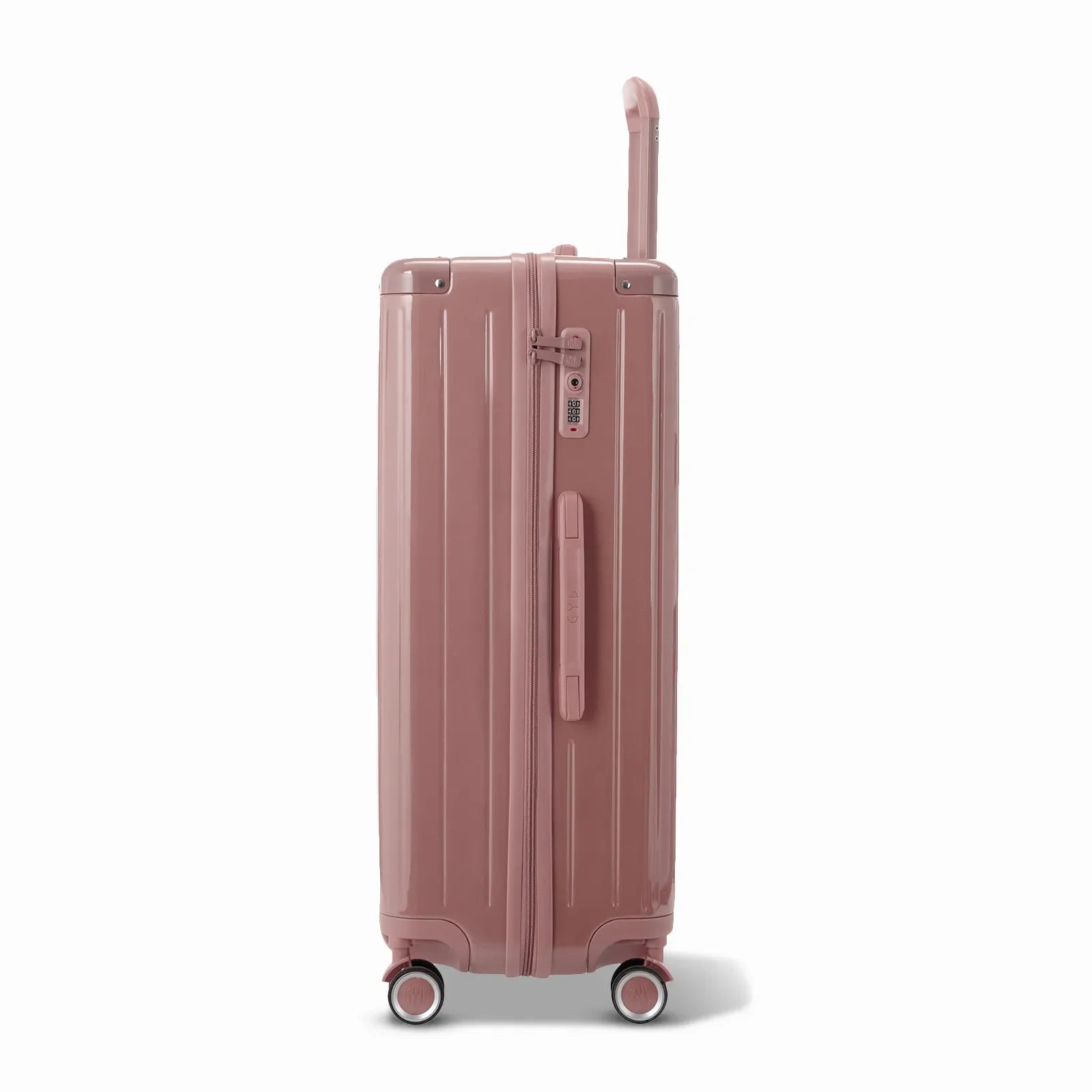 Side view of the GYL Intemporelle rose gold rigid suitcase with telescopic handle and TSA closure. #color_rose gold