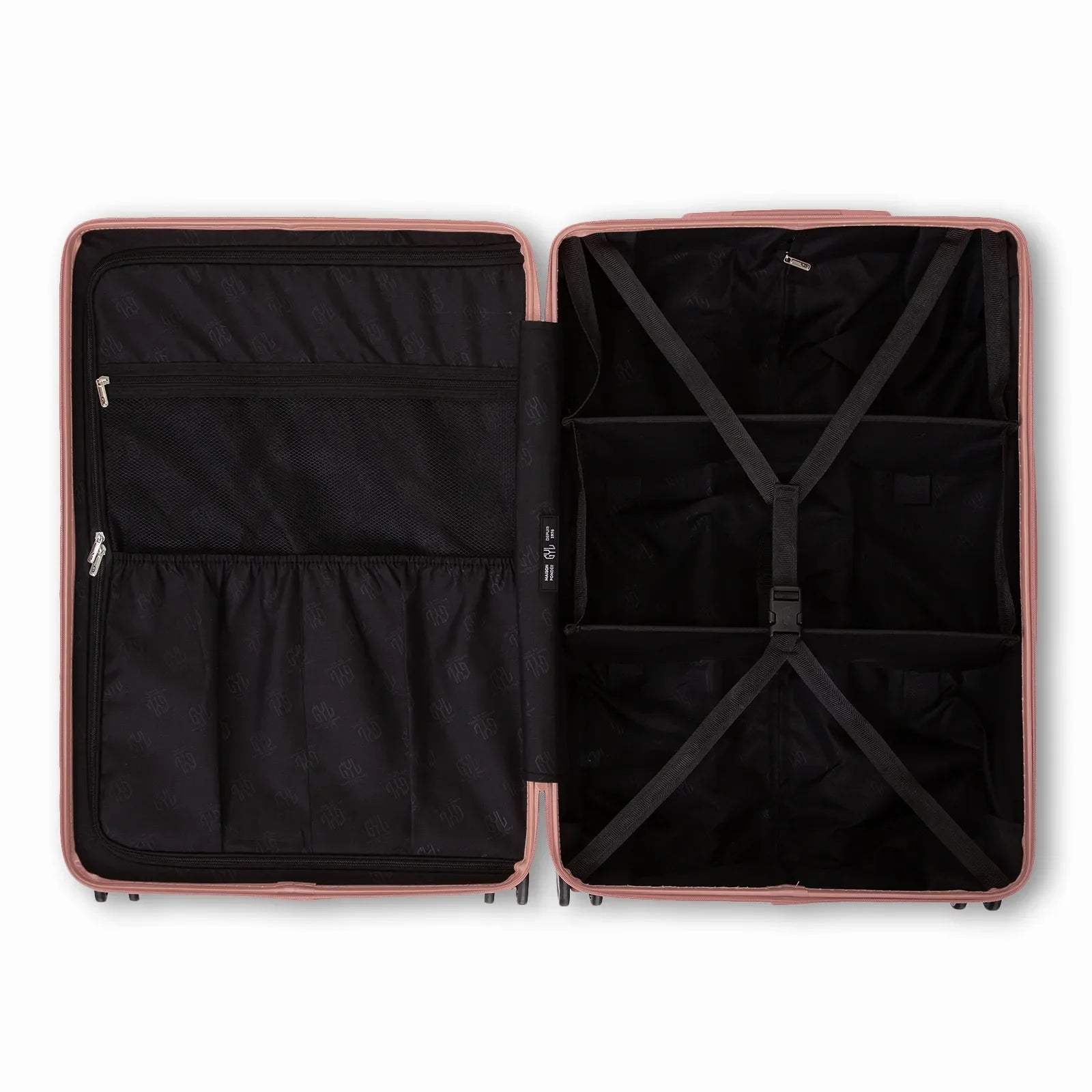 Compartmented interior of the GYL Intemporelle rose gold suitcase with crossed straps and mesh pockets. #color_rose gold