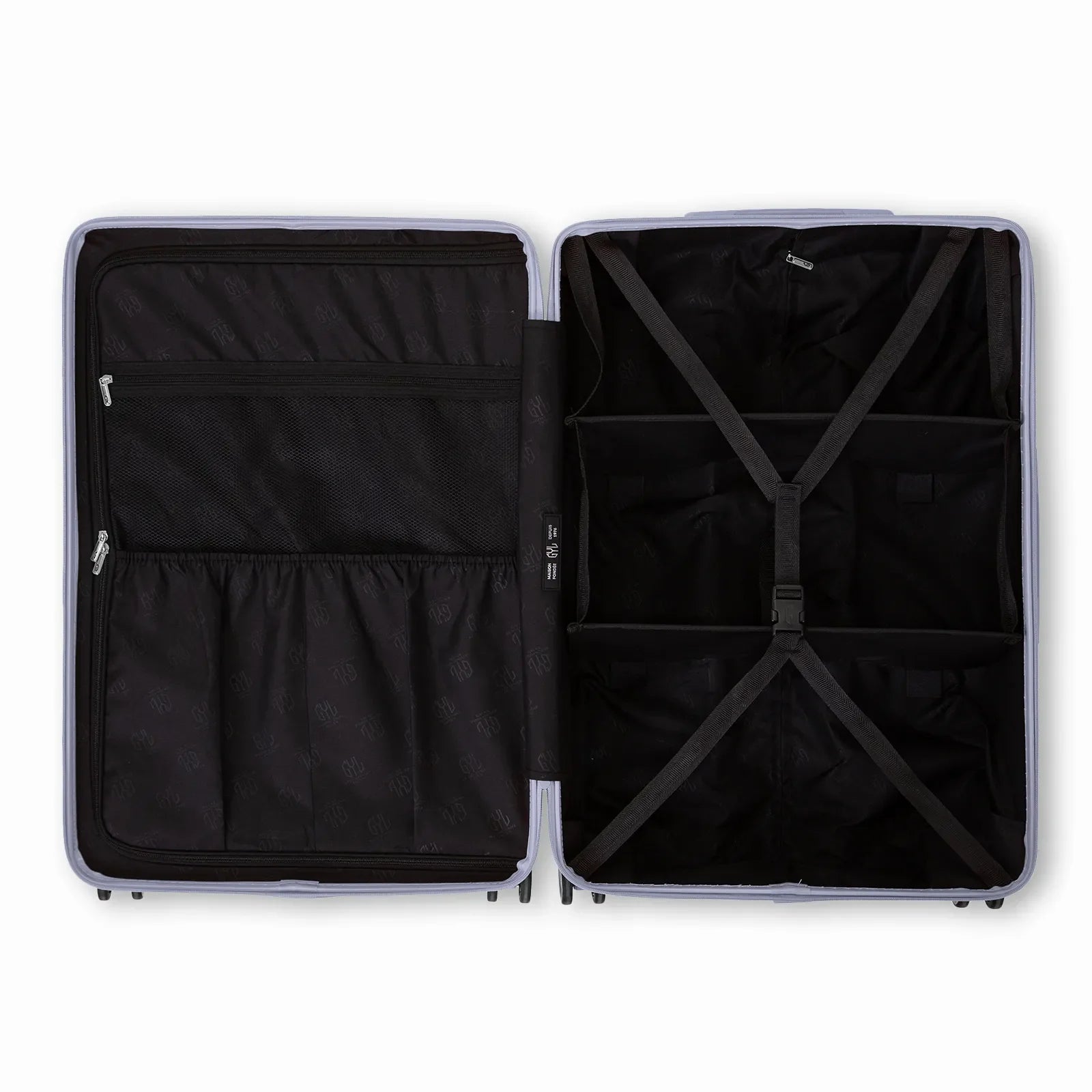 Compartmented interior of the silver GYL Intemporelle suitcase with crossed straps and mesh pockets. #silver_color