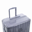 GYL telescopic trolley handle deployed on the Intemporelle silver polycarbonate suitcase. #silver_color