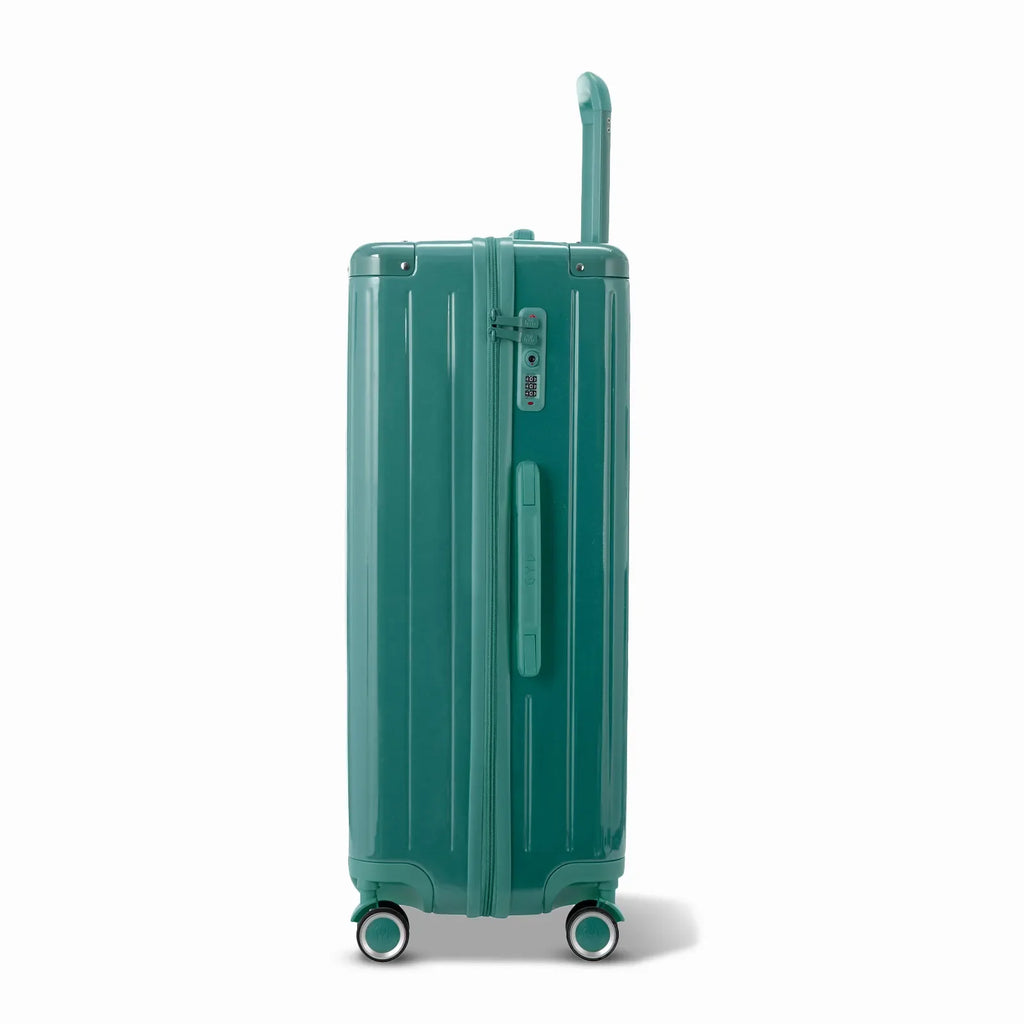 Side view of the water green GYL Intemporelle hard suitcase with telescopic handle and TSA closure. #color_green