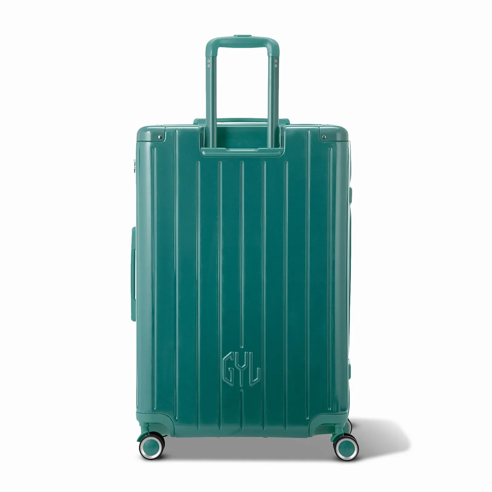 Rear view of the water green GYL Intemporelle rigid suitcase with integrated handles and swivel casters. #color_green