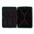 Compartmented interior of the water green GYL Intemporelle suitcase with crossed straps and mesh pockets. #color_green