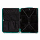 Compartmented interior of the water green GYL Intemporelle suitcase with crossed straps and mesh pockets. #color_green