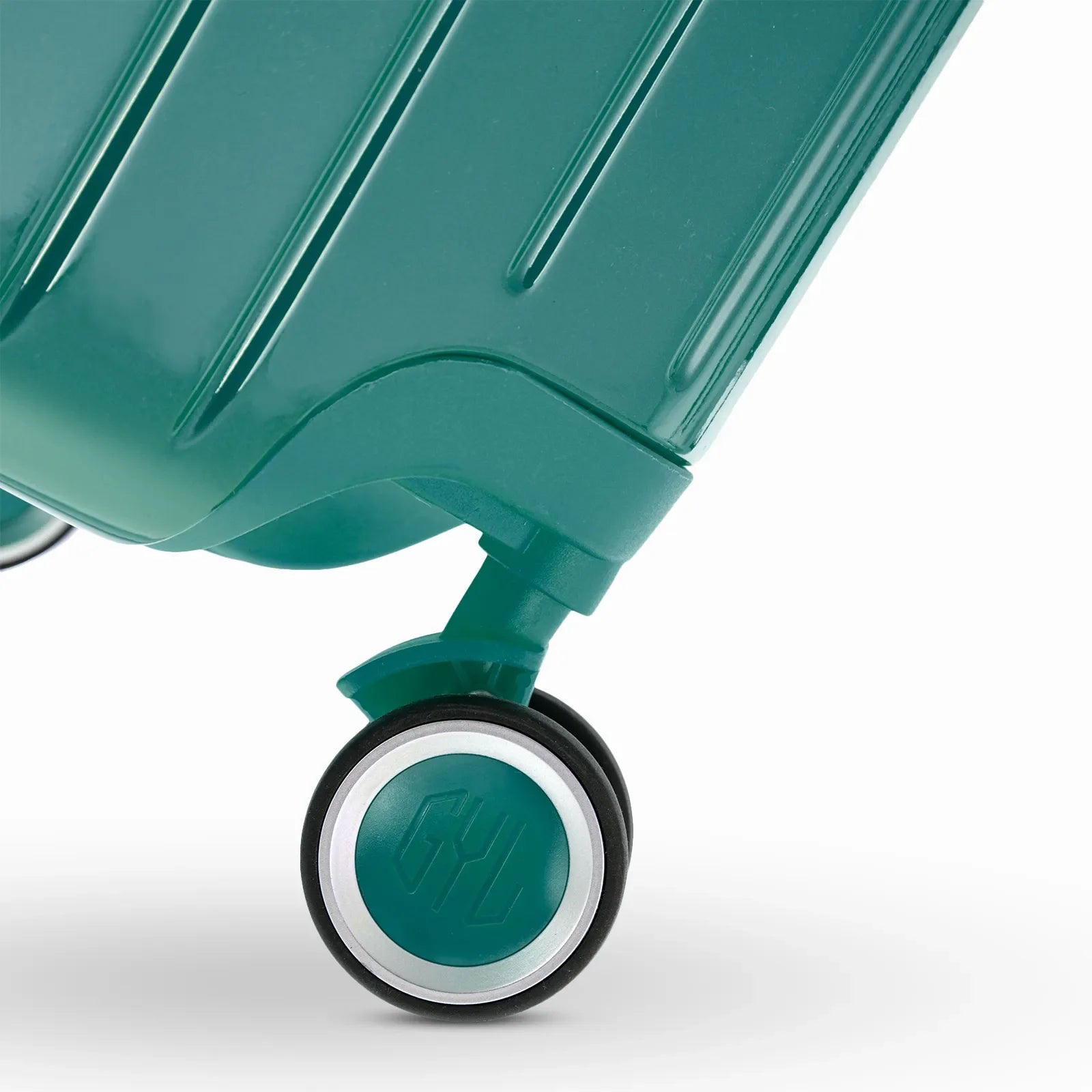 360° double wheel of the water green GYL Intemporelle suitcase with engraving of the GYL logo on the hub. #color_green