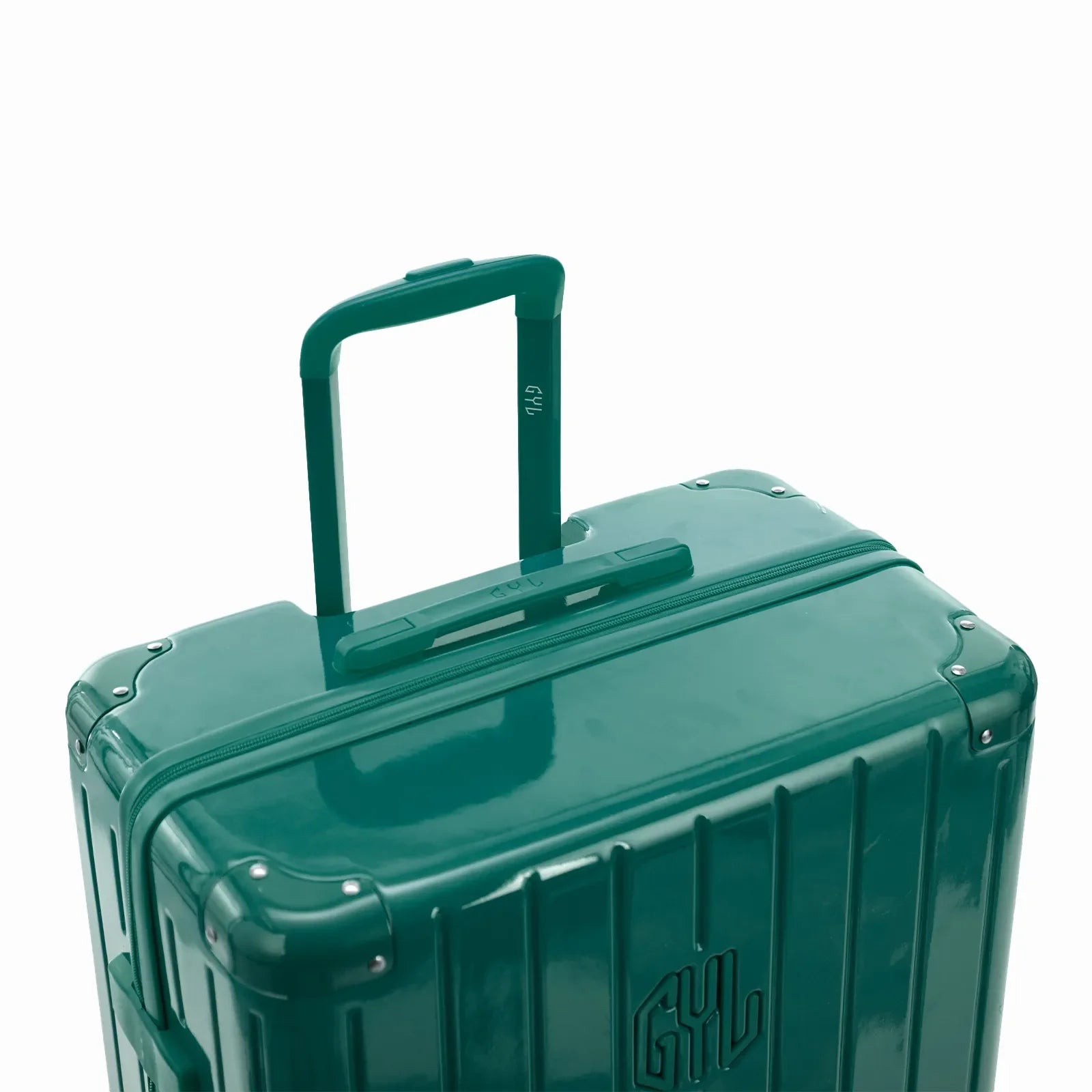 GYL telescopic trolley handle deployed on the Intemporelle water green polycarbonate suitcase. #color_green