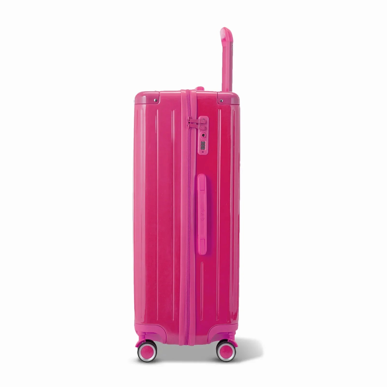 Side view of the GYL Intemporelle fuchsia hard suitcase with telescopic handle and TSA closure. #color_fuchsia
