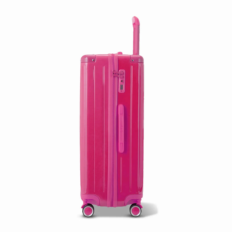 Side view of the GYL Intemporelle fuchsia hard suitcase with telescopic handle and TSA closure. #color_fuchsia