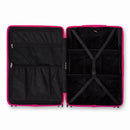 Compartmented interior of the GYL Intemporelle fuchsia suitcase with crossed straps and mesh pockets. #color_fuchsia