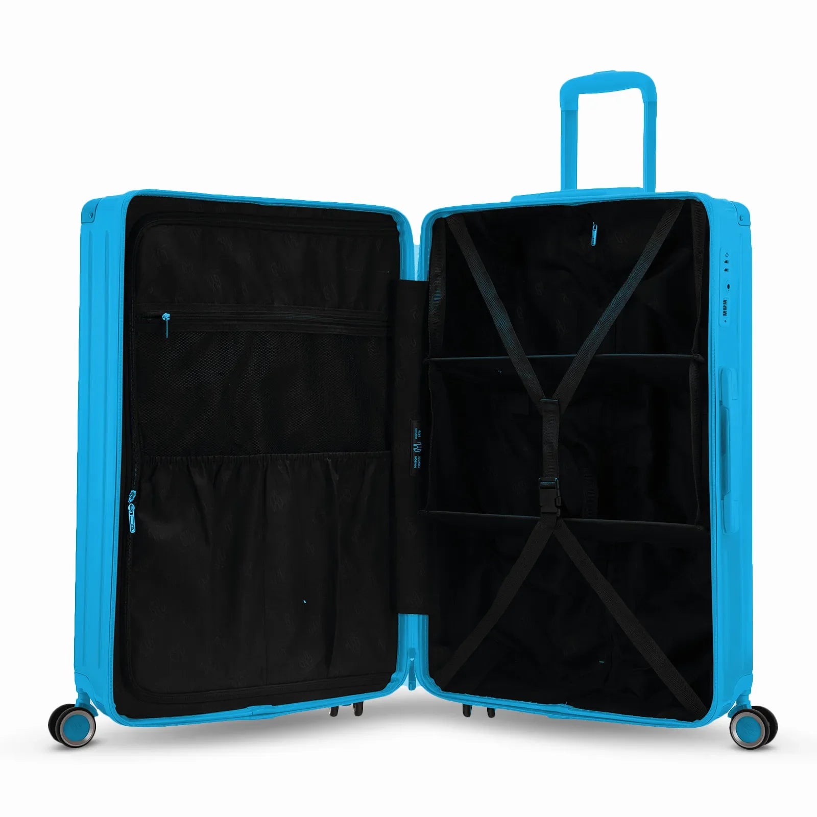 Compartmented interior of the mint GYL Intemporelle suitcase with crossed straps and mesh pockets. #mint_color