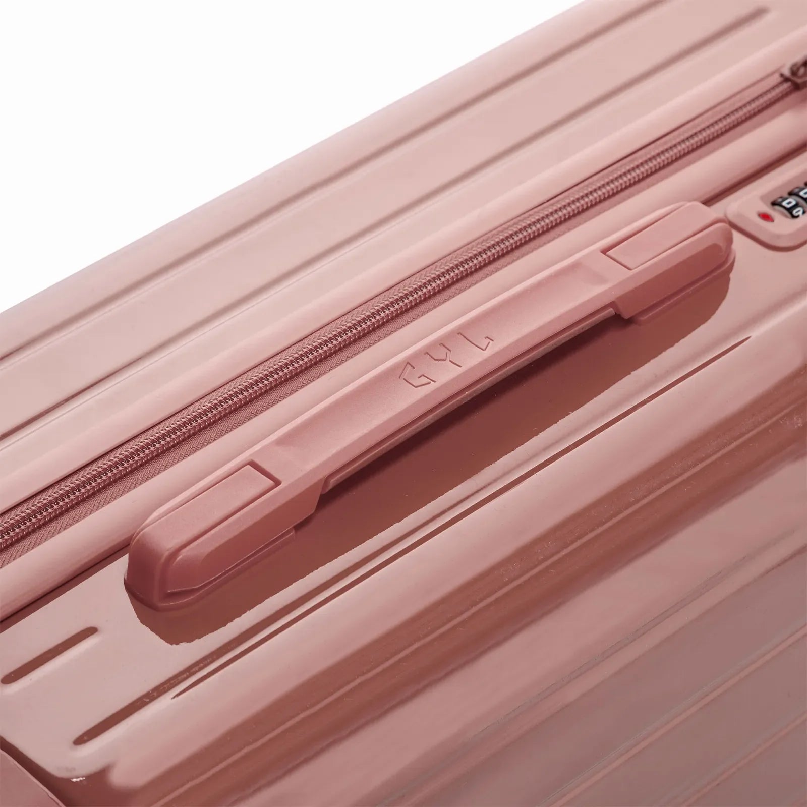 Rigid top handle of the GYL Intemporelle rose gold suitcase with embossed logo on the top. #color_rose gold