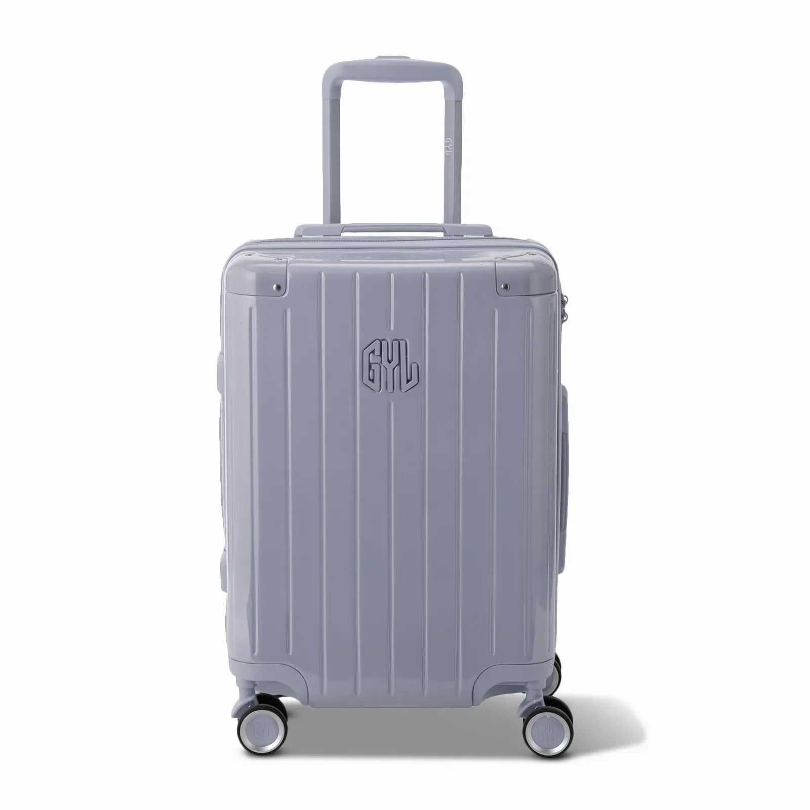 Front view of the GYL Intemporelle silver hard suitcase, embossed logo and 360 degree wheels. #silver_color