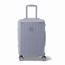 Front view of the GYL Intemporelle silver hard suitcase, embossed logo and 360 degree wheels. #silver_color