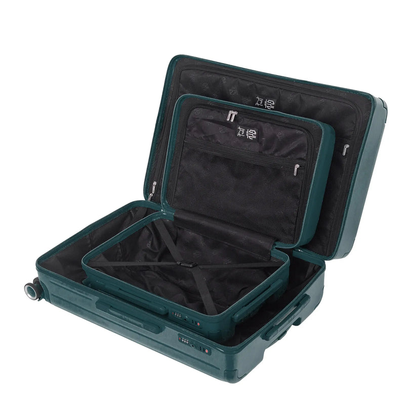 Intérieur compartimenté de la valise GYL Intemporelle sapin avec sangles croisées et poches filet. #couleur_sapin