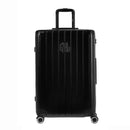 Vue de face de la valise rigide GYL Intemporelle noir avec poignées intégrées et roulettes pivotantes. #couleur_noir