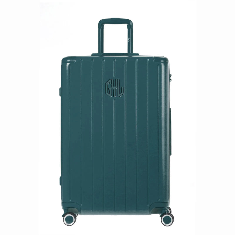 Vue arrière de la valise rigide GYL Intemporelle sapin avec poignées intégrées et roulettes pivotantes. #couleur_sapin