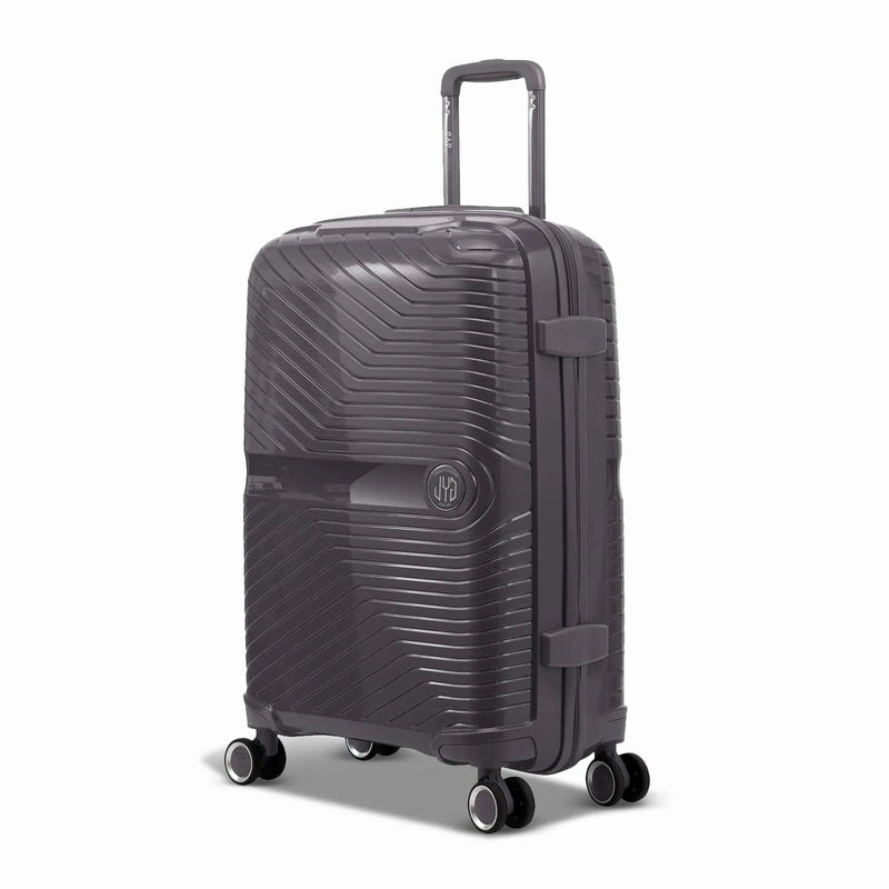 GYL Signature silver cabin suitcase in polypropylene three-quarter view, with deployed trolley and 360° double wheels #silver_color